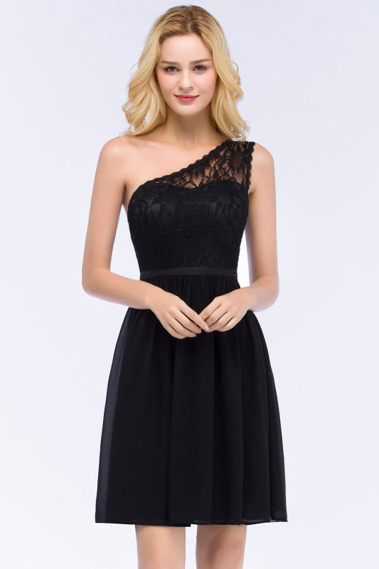 One Shoulder Lace Chiffon Knee-Length Black Formal Dress