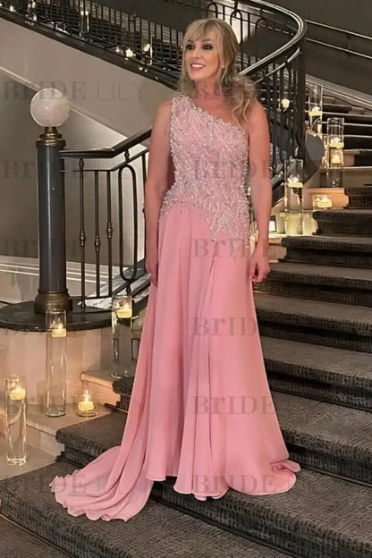 One-Shoulder Long A-Line Chiffon Lace Evening Dresses with Beads