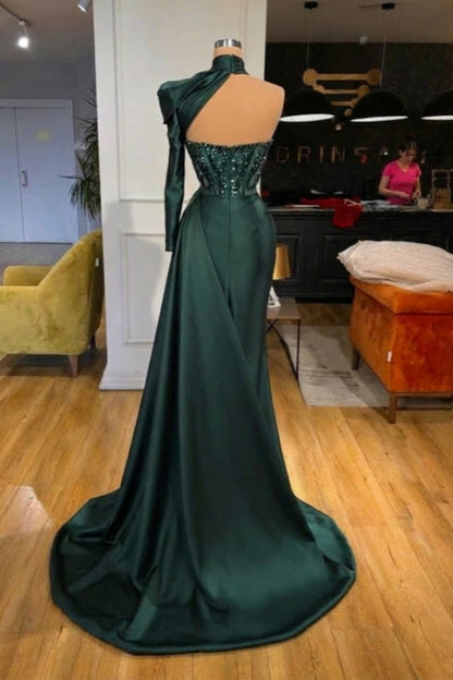 One Shoulder Long Prom Dress Dark Green High Neck Satin Evening Dress