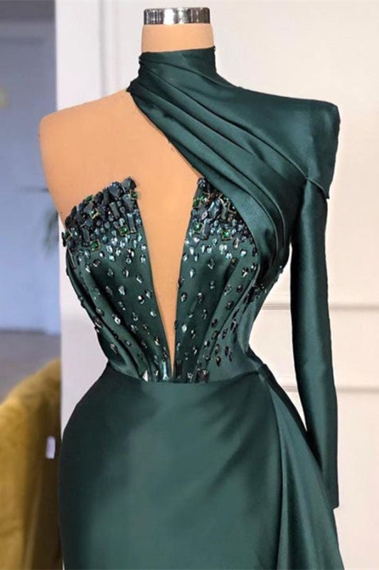 One Shoulder Long Prom Dress Dark Green High Neck Satin Evening Dress