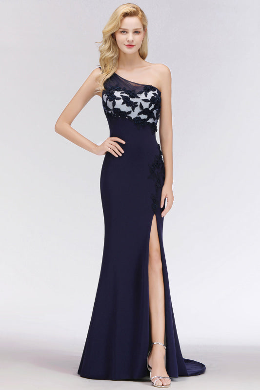 One-Shoulder Mermaid Navy Bridesmaid Dresses with Slit