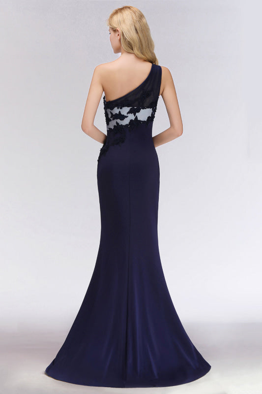 One-Shoulder Mermaid Navy Bridesmaid Dresses with Slit