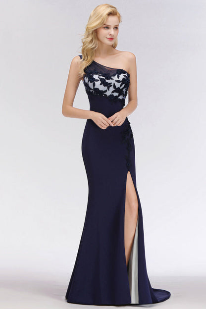One-Shoulder Mermaid Navy Bridesmaid Dresses with Slit