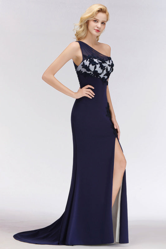 One-Shoulder Mermaid Navy Bridesmaid Dresses with Slit