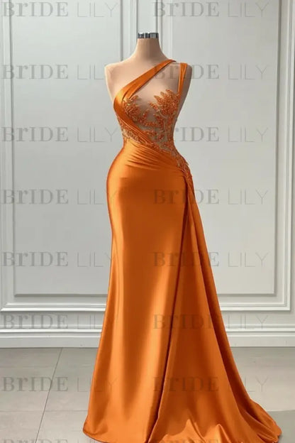 One Shoulder Purple Mermaid Prom Dress with Pleated Beading