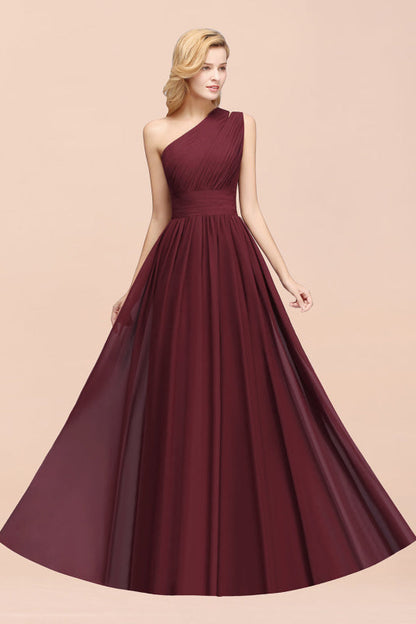 One Shoulder Pleated Chiffon A-line Bridesmaid Dress Burgundy