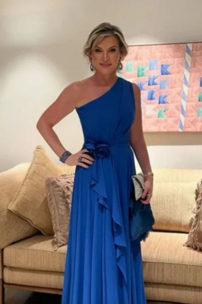 One Shoulder Royal Blue Ruffle Chiffon Mother of the Bride Dress
