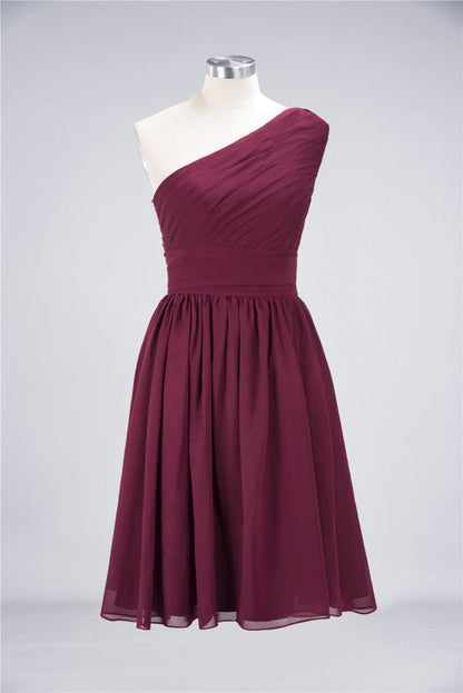 One Shoulder Ruffle Short Burgundy Bridesmaid Dresses Chiffon