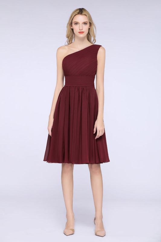 One Shoulder Ruffle Short Burgundy Bridesmaid Dresses Chiffon