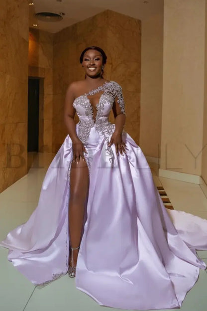 One Shoulder Satin Aline Wedding Dresses Front Slit Wedding Gown with Train
