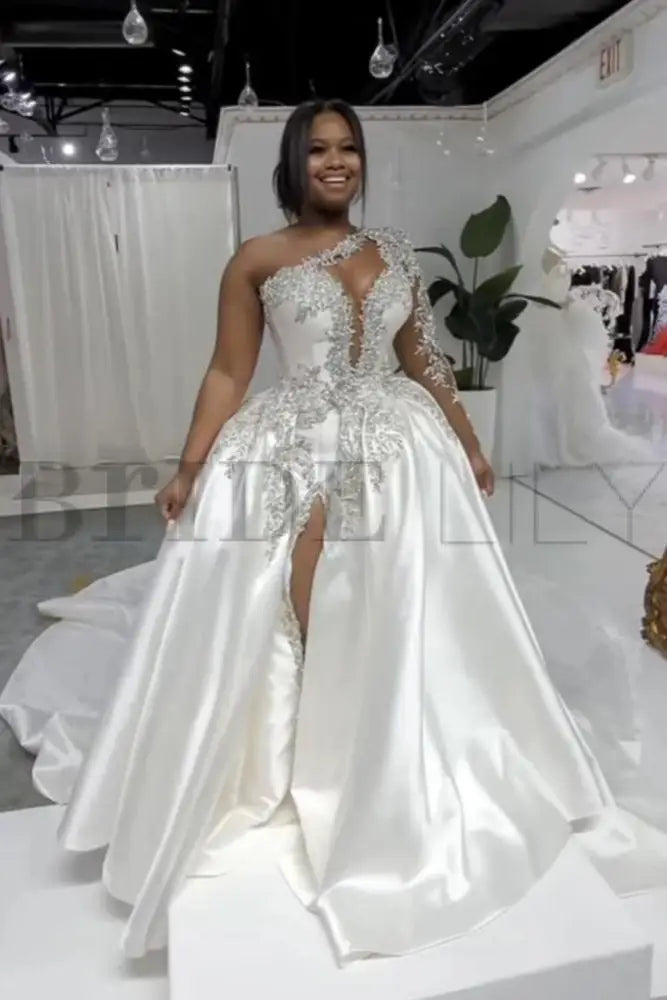 One Shoulder Satin Aline Wedding Dresses Front Slit Wedding Gown with Train