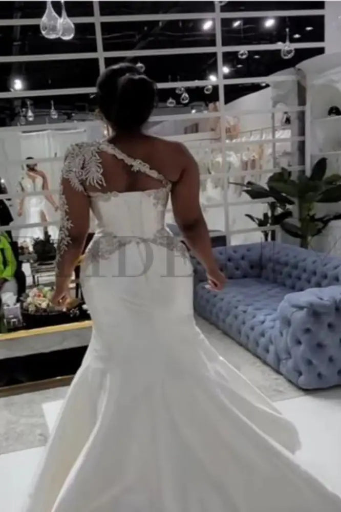 One Shoulder Satin Aline Wedding Dresses Front Slit Wedding Gown with Train