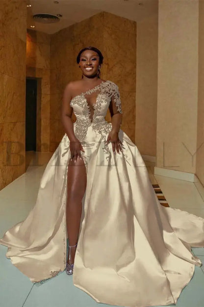 One Shoulder Satin Aline Wedding Dresses Front Slit Wedding Gown with Train