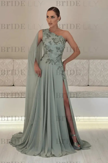 One-Shoulder Sleeveless Chiffon Evening Dresses Long with Side Slit