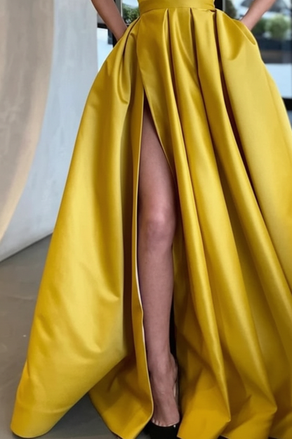 One Shoulder Yellow Satin Prom Dresses with High Slit Aline Graduation Evening Dresses