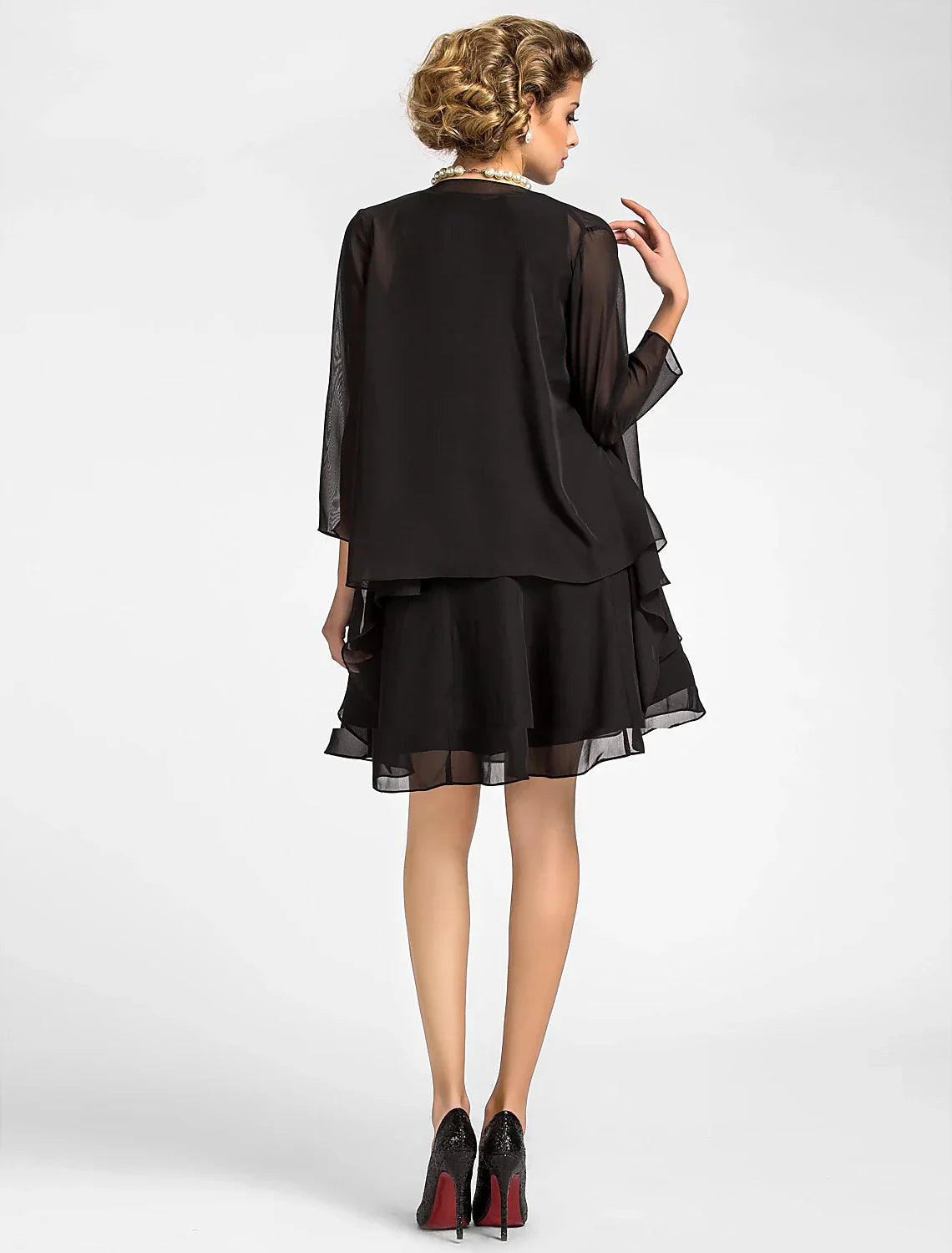 A-Line Mother of the Bride Dress Wrap Included Jewel Neck Knee Length Chiffon 3/4 Length Sleeve with Draping