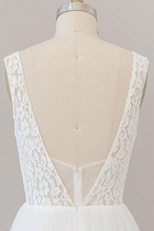 Open Back V-neck Lace Tulle A-line Wedding Dress
