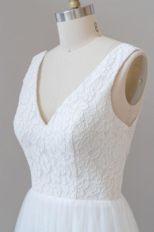 Open Back V-neck Lace Tulle A-line Wedding Dress