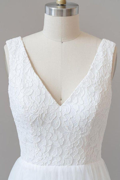 Open Back V-neck Lace Tulle A-line Wedding Dress
