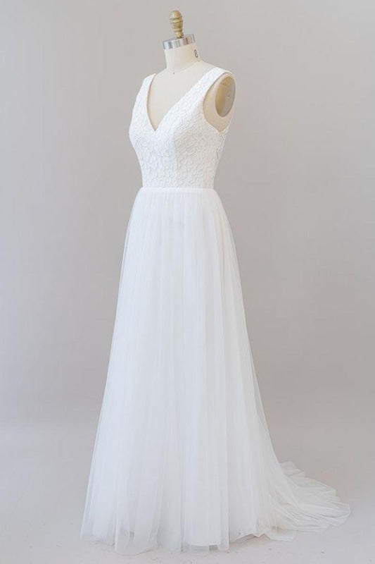 Open Back V-neck Lace Tulle A-line Wedding Dress