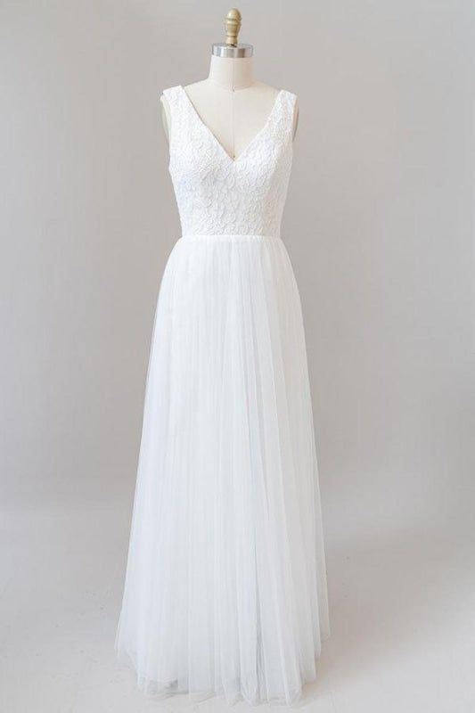 Open Back V-neck Lace Tulle A-line Wedding Dress