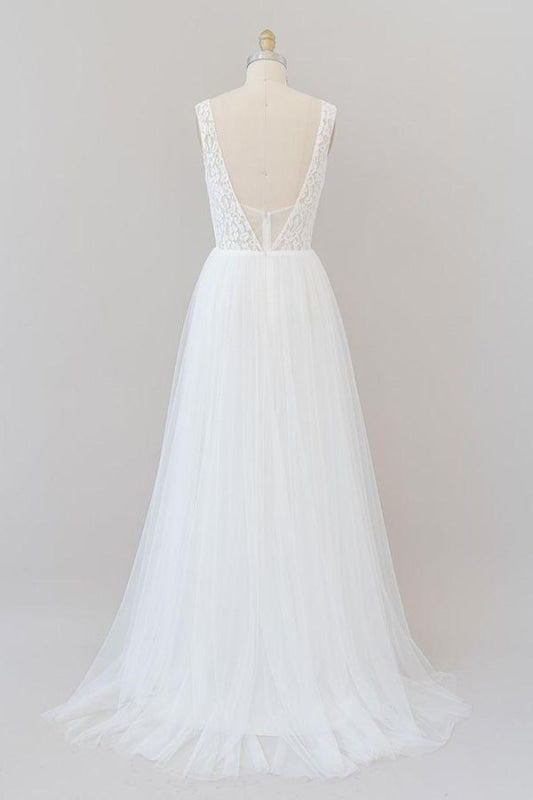 Open Back V-neck Lace Tulle A-line Wedding Dress