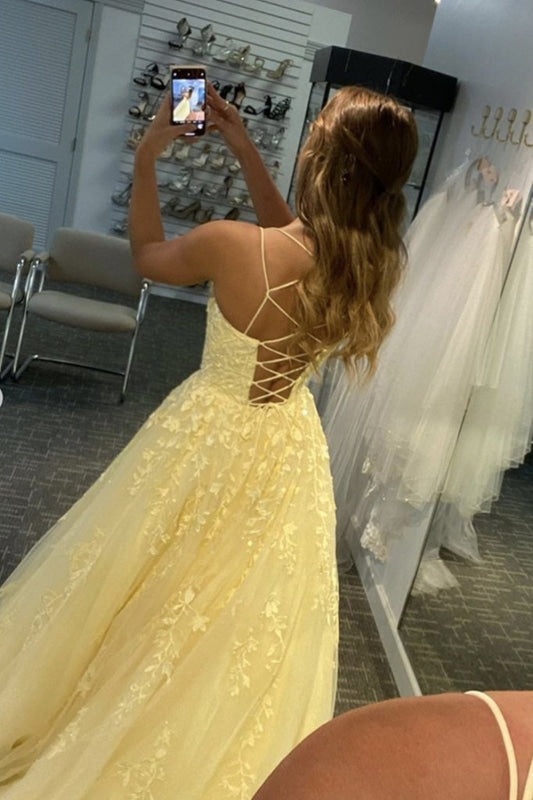 Open Back Yellow Lace Long Prom Dress Aline Lace Formal Evening Dress
