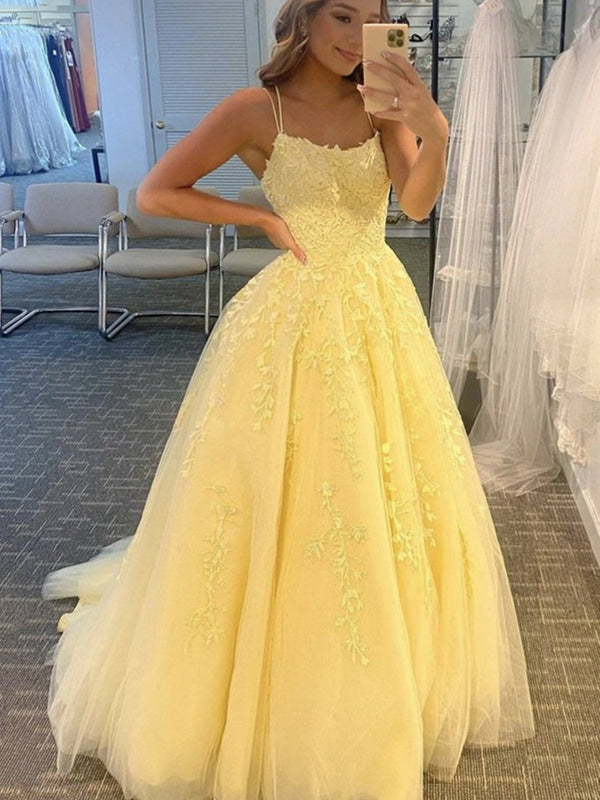 Open Back Yellow Lace Long Prom Dress Aline Lace Formal Evening Dress