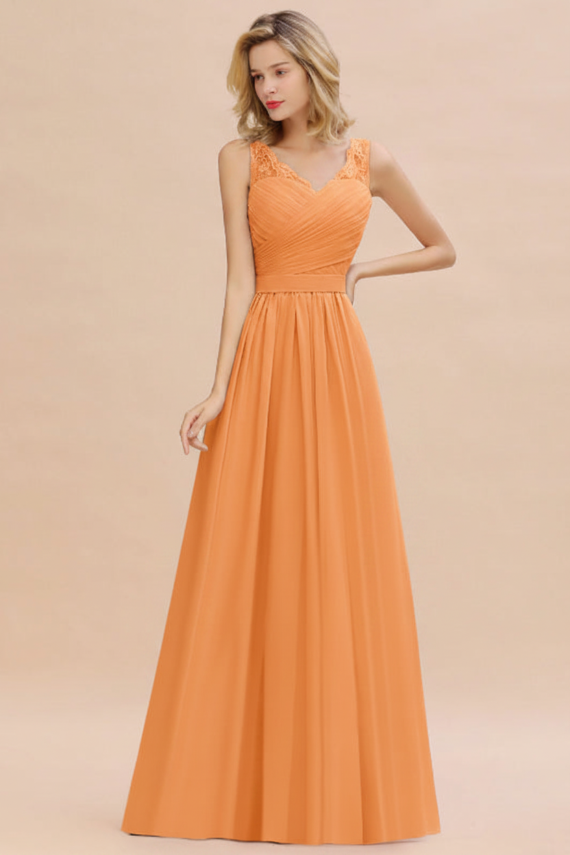 Modest Floral Lace A-line Bridesmaid Dress V-Neck Ruched Chiffon Wedding Guest Dress