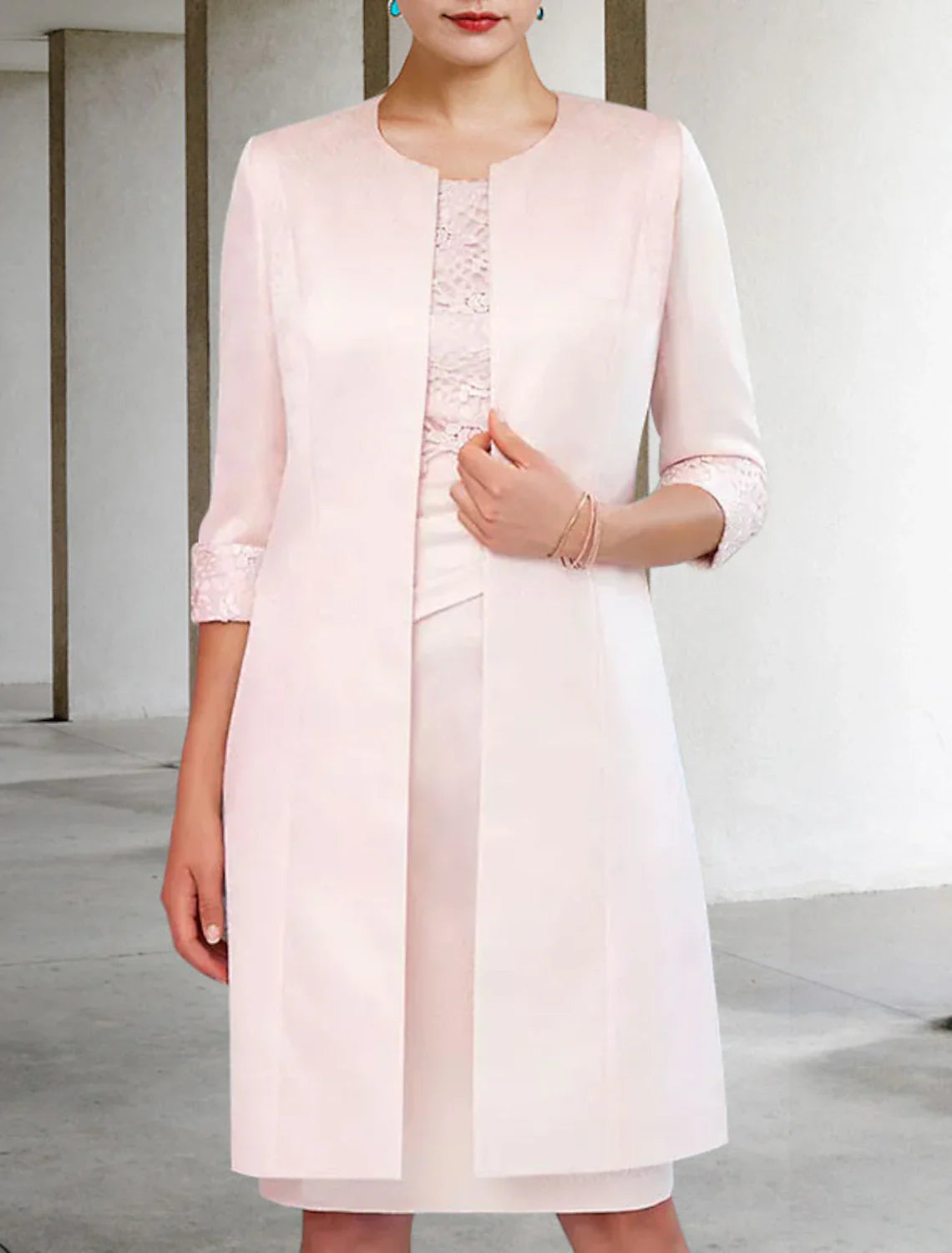 Aimishang Two Piece Sheath / Column Mother of the Bride Dress Church Elegant Winter With Jacket Half Sleeve Scoop Neck Knee Length Satin Lace Side-Draped