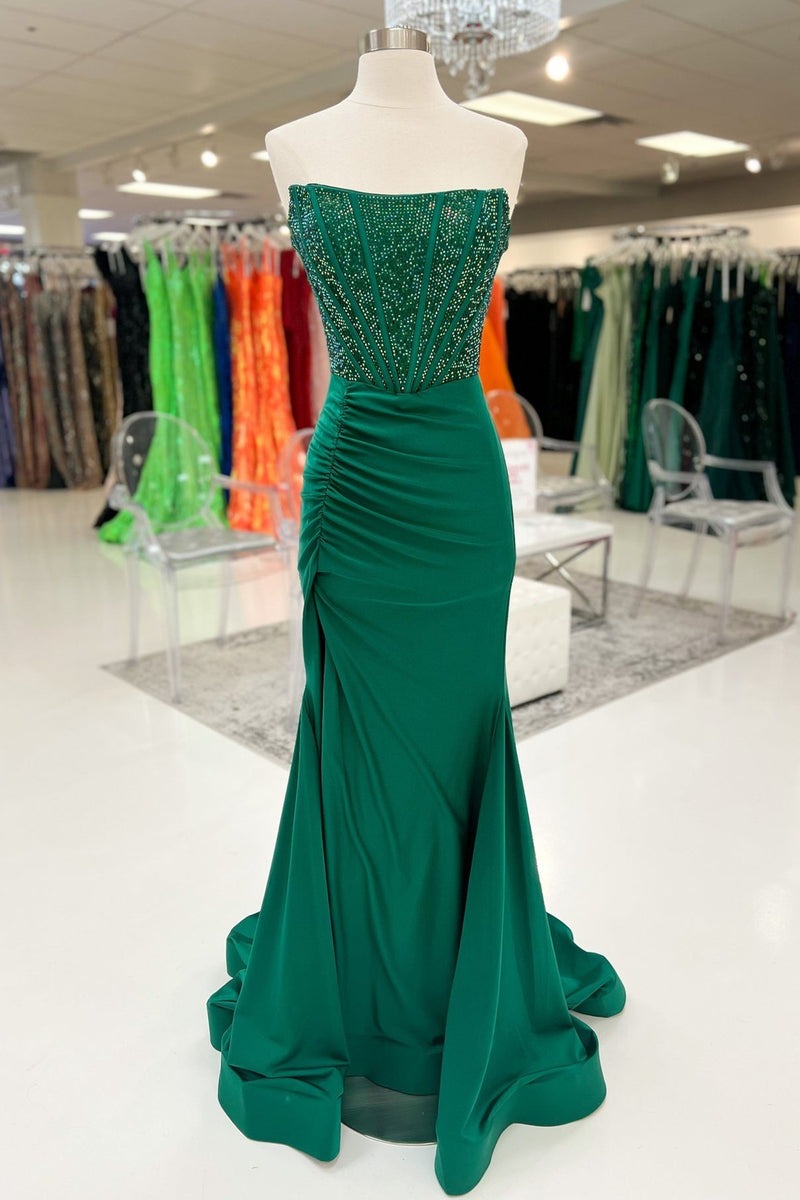 Mermaid Black Satin Strapless Slit Prom Dresses