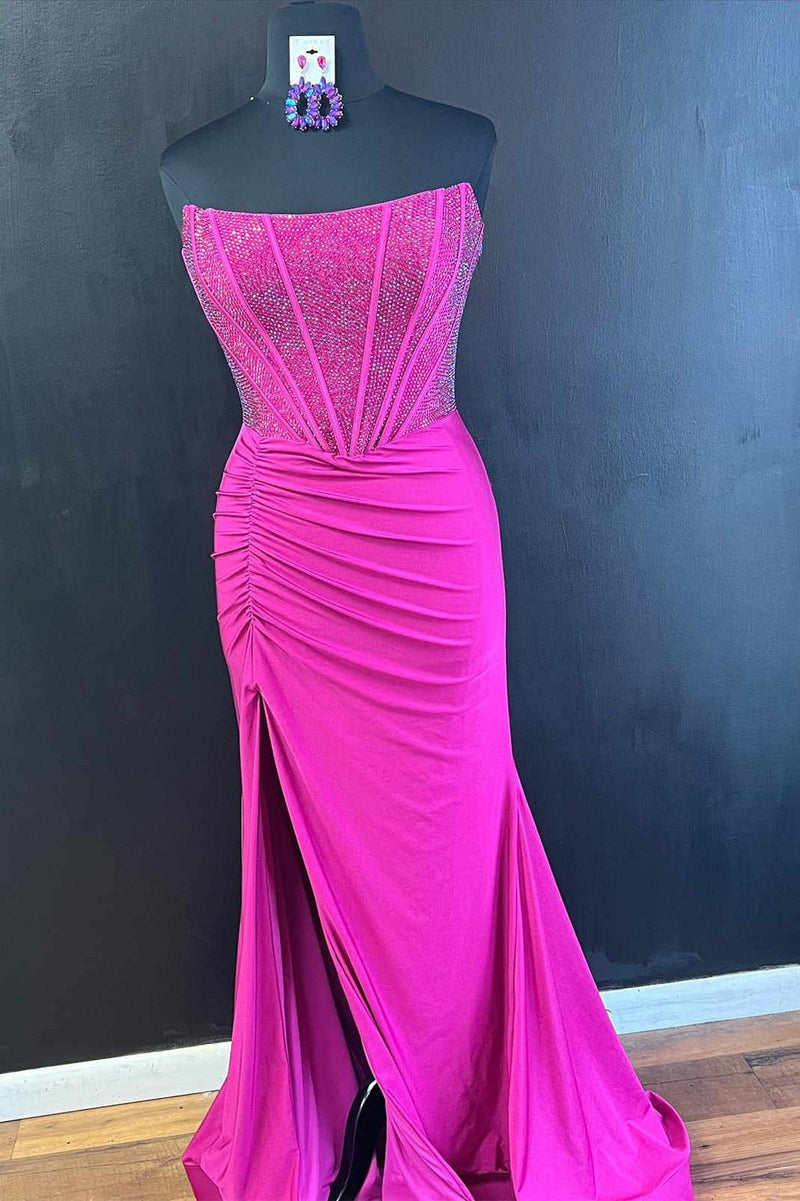 Mermaid Black Satin Strapless Slit Prom Dresses