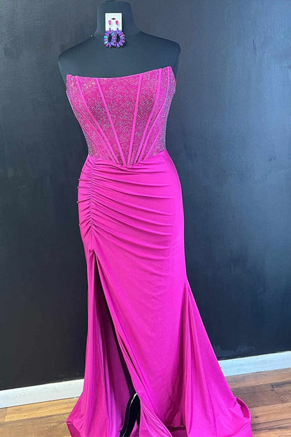 Mermaid Black Satin Strapless Slit Prom Dresses