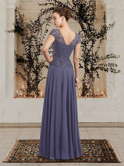 A-Line Mother of the Bride Dress Plus Size Elegant V Neck Floor Length Chiffon Lace Sequined Short Sleeve with Pleats