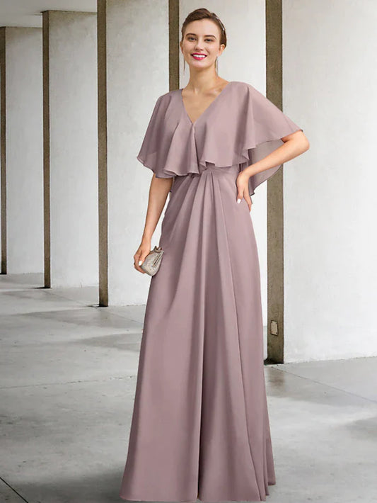 Two Piece Mother of the Bride Dress Plus Size Elegant V Neck Floor Length Chiffon Sleeveless Wrap Included Jacket Dresses with Pleats Ruffles