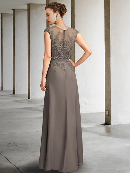 A-Line Mother of the Bride Dress Elegant V Neck Floor Length Chiffon Lace Cap Sleeve with Sash / Ribbon