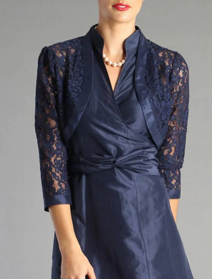 A-Line Mother of the Bride Dress Formal Wedding Guest Elegant Shirt Collar Tea Length Lace Taffeta 3/4 Length Sleeve with Lace Criss Cross