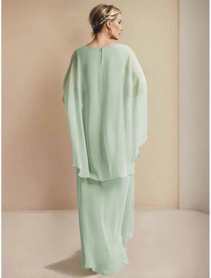 A-Line Mother of the Bride Dress Sage Wedding Guest Elegant Simple Wrap Included V Neck Floor Length Chiffon 3/4 Length Sleeve with Pleats Ruched Ruffles