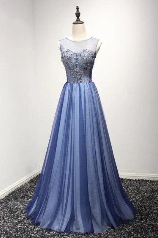 A Line Sheer Neck Rhinestones Long Tulle Prom Dress Floor Length Beautiful