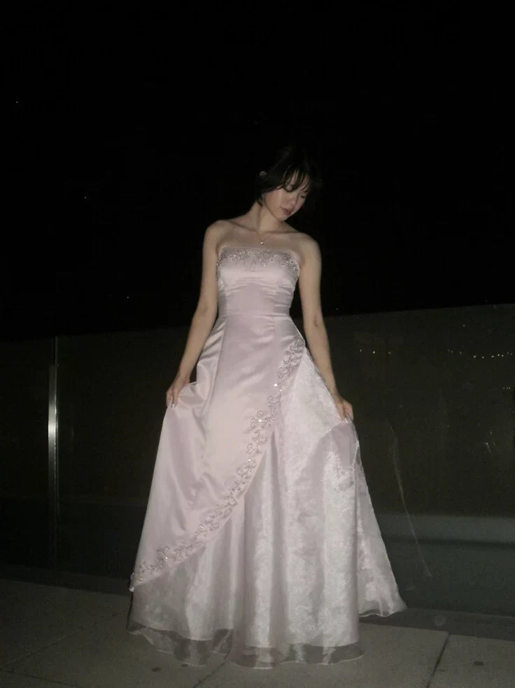 Unique Party Dresses with Embroidery Strapless Floor Length Wedding Guest Dress