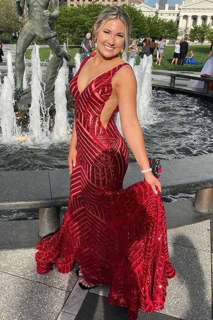 Plunging V-Neck  Sequins Sleeveless Mermaid Long Evening Prom Dress