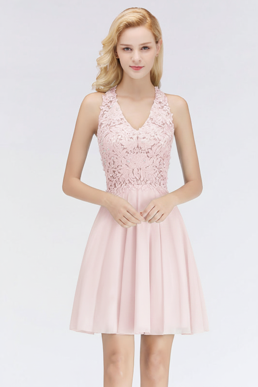 V-Neck Knee Length Floral Lace Birdesmaid Dresses