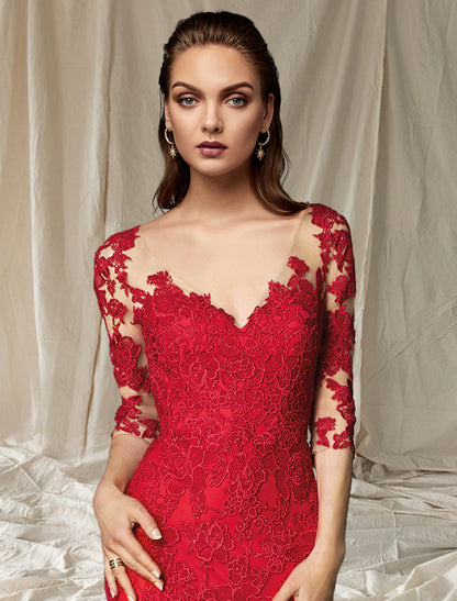 Aimishang  Mermaid / Trumpet Mother of the Bride Dress Luxurious Elegant V Neck Sweep / Brush Train Lace Tulle Half Sleeve with Pleats Appliques