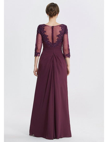A-Line Mother of the Bride Dress Formal Wedding Guest Elegant Jewel Neck Floor Length Chiffon Lace 3/4 Length Sleeve with Lace Solid Color