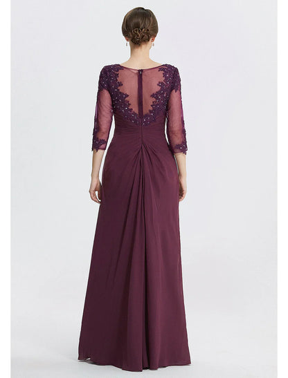 Sheath / Column Mother of the Bride Dress With Overskirts Formal Wedding Guest Elegant Sequin Scoop Neck Floor Length Chiffon Lace 3/4 Sleeve with Appliques Sparkle & Shine
