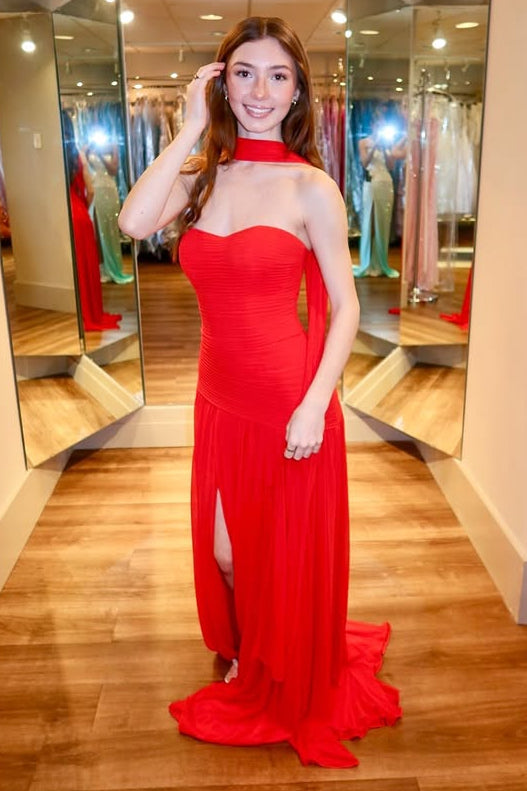 Chiffon A-Line Strapless Backless Leg Slit Prom Dress with Scarf