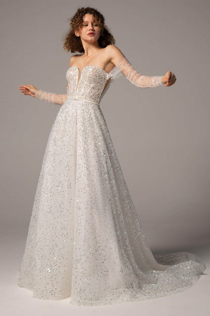 A-Line Court Train Sequined Wedding Dress CW2381