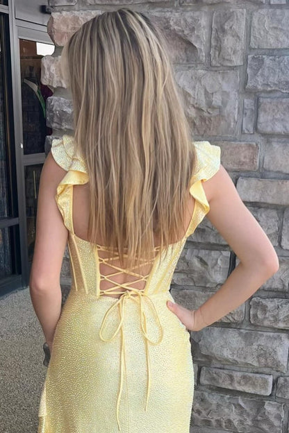 Phyllis | Mermaid Yellow Spaghetti Straps Satin Beaded Long Prom Dress