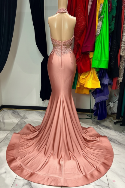 Sleeveless Halter Appliques Coral Mermaid Prom Dress Satin