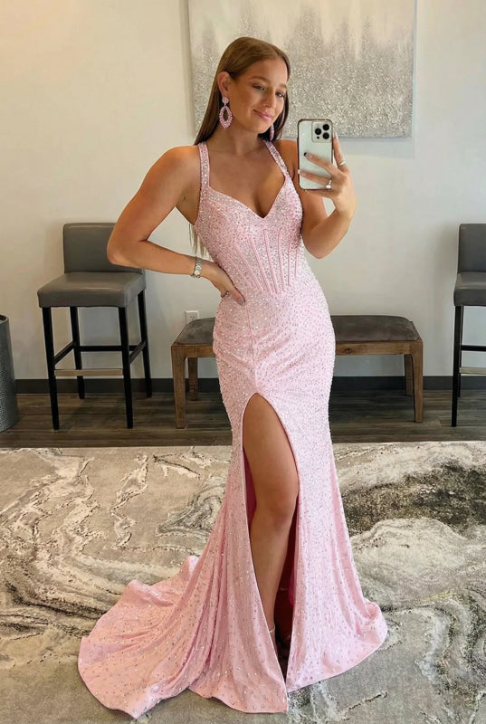Pink Halter Beaded Mermaid Long Prom Dress with Slit